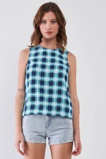Aqua Blue Glen Check Pattern Print Sleeveless Round Neck Back-Side Vest Top 