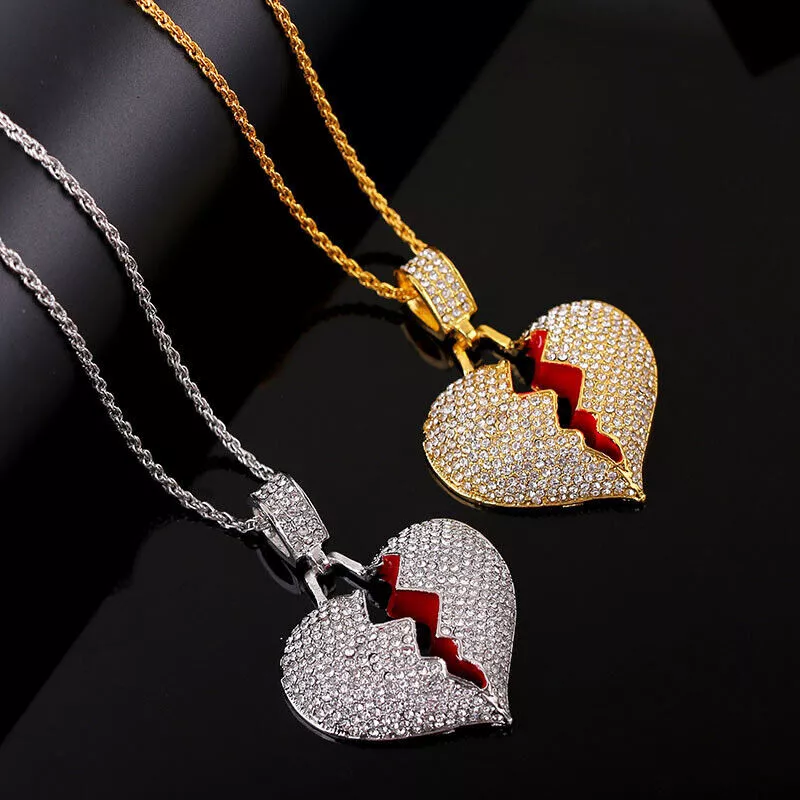 Rhinestone broken Heart Necklace Hip Hop iced up Silver Gold Bling