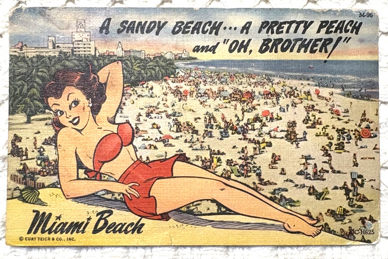 Miami Beach, Florida Postcard "A Pretty Peach" Lady in Swimsuit Comic Postcard