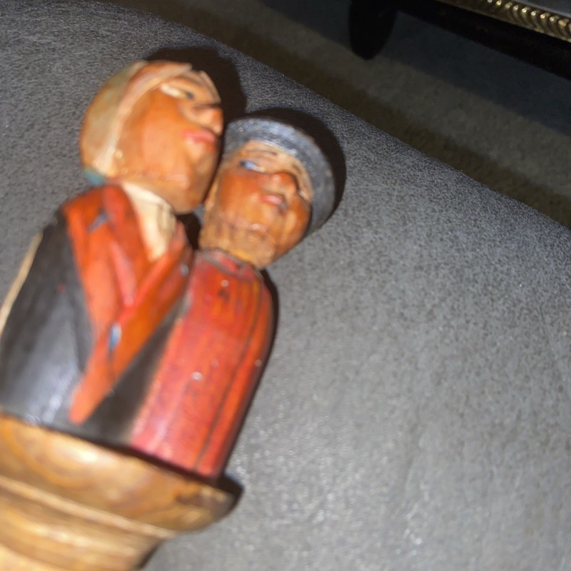 Vintage Hand Carved Wood Bottle Stopper Double Heads Movable Neck 5.25” Comical