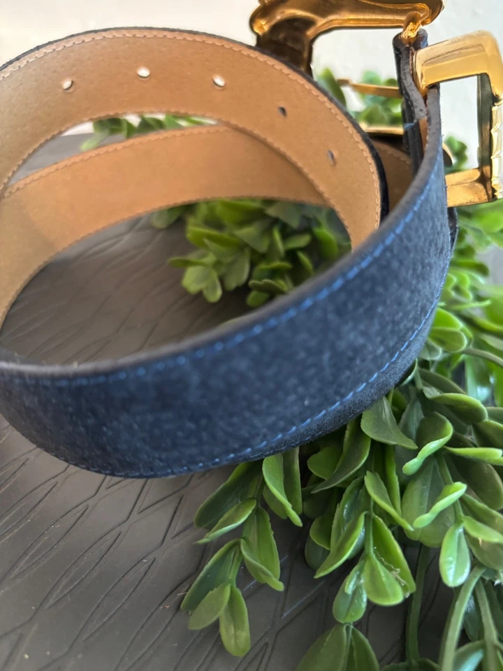 Винтажный элитный темно-синий замшевый ремень Les Creations с декоративной золотой пряжкой дизайн S - Изображение 4 из 4