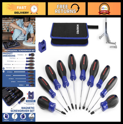 10-Piece Magnetic Screwdriver Set with Pouch, Non-Slip Grip, Magnetizer, DIY Too