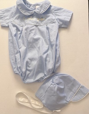 Vtg Baby Boy Classic Blue Collared Bubble Outfit 3 Mo Embroidery Plane W/Bonnet
