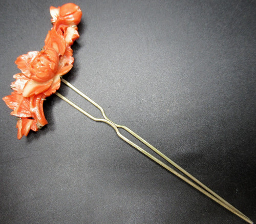 Amazing Carved Genuine Coral Flowers Vintage Hair Comb