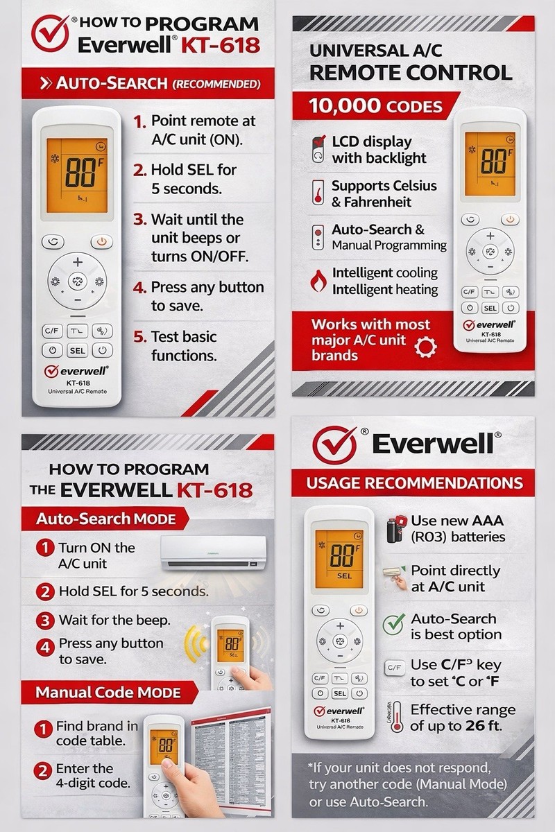 KT-618 Mini Split Universal Remote Control,10000 Codes, Controls