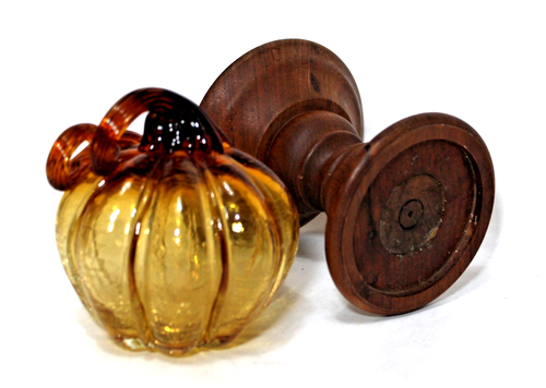 Pier 1 Crackle Glass Amber Pumpkin on Wood Pedestal - Picture 2 of 10