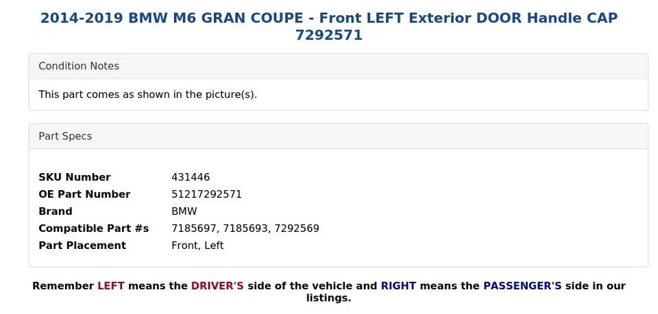 BMW M6 Gran Coupé 2014-2019 - Tapa de manija de puerta exterior delantera izquierda 7292571 Foto 4 de 4