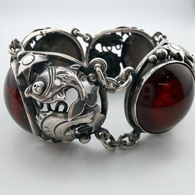 Vintage Nils Erik From Denmark, Sterling Silver Amber Fish Bracelet AAU39