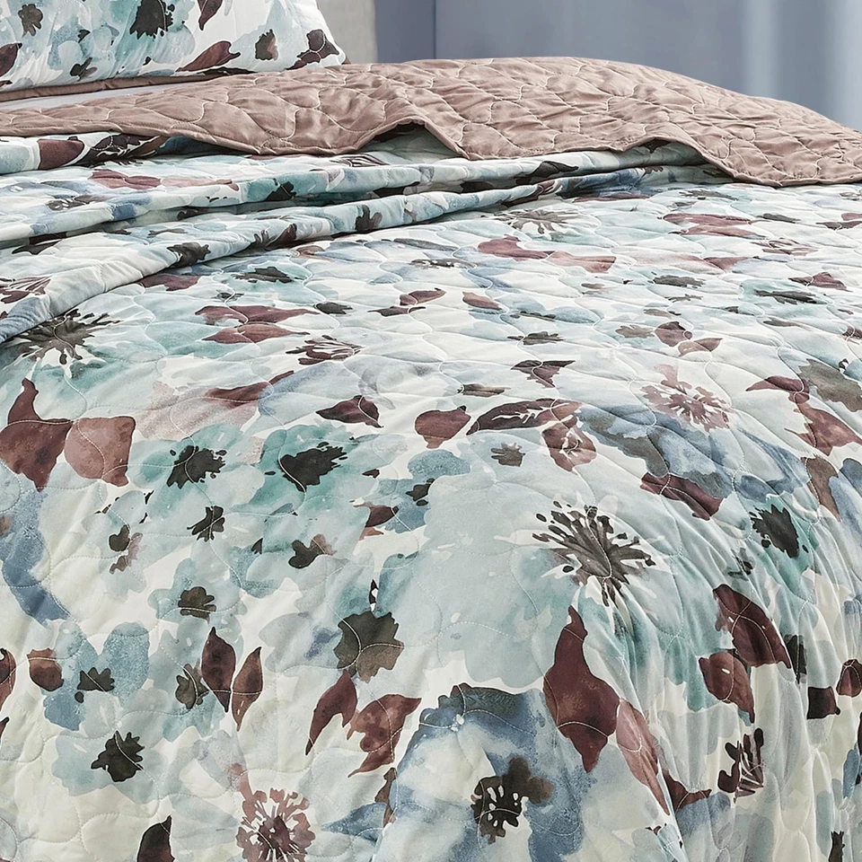 Комплект из 3 предметов Nalla цветочный синий покрывало королевский размер акварель цветок лоскутное одеяло - Изображение 3 из 4