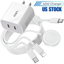 40W USB-C Fast Wall Charger 3 in 1 Charging Cable for iWatch iPhone 17 16 15 14