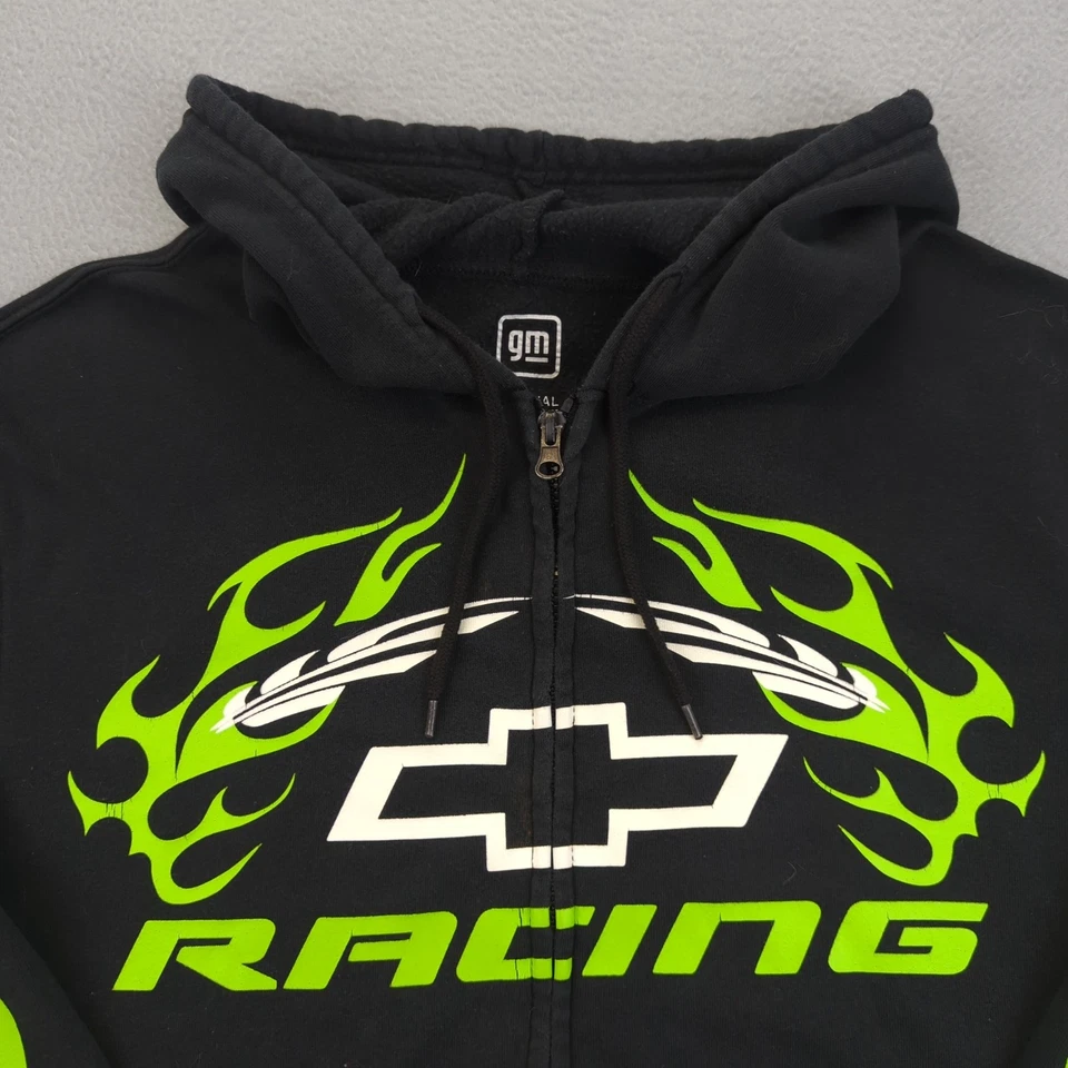 Sudadera con Capucha Chevrolet Racing Para Hombre Mediana Negra Verde Neón Llamas Cremallera Completa GM Hyrbrid Foto 3 de 4