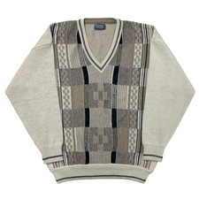 Pierre Sangan Knit Jumper Abstract Patterned V-Neck Wool Blend Beige Mens 2XL