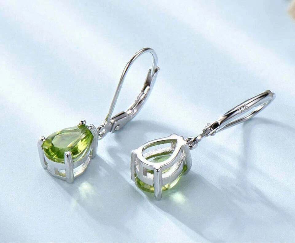 4Ct Pear Cut Green Peridot Diamond Drop/Dangle Earrings 14K White Gold Finish - Image 4 of 4