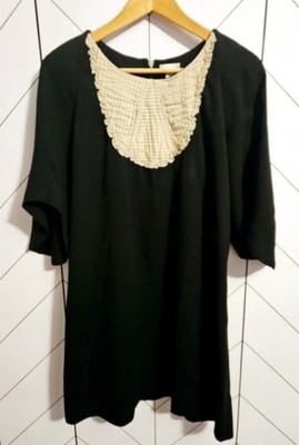 Go International L Black Shift Dress Beige Ruffle Pleated Accent Polyester Short