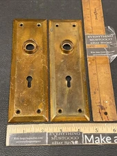 2 Antique Brass Door Plate Backplates Escutcheon Early Patented 1900 w/ Keyholes