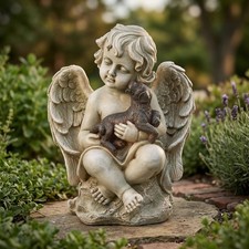 DUSVALLY Angel Sculpture with A Little Dog in Arms, Garden Resin Statue, Ange...