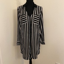 Express The Portofino Shirt Dress S Black White Striped Long Roll Tab Sleeve