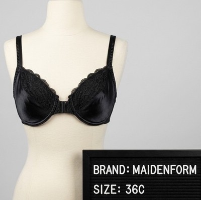 Vintage Maidenform Sweet Nothings Bra 36C Black Shiny Satin Lace Underwire 3787