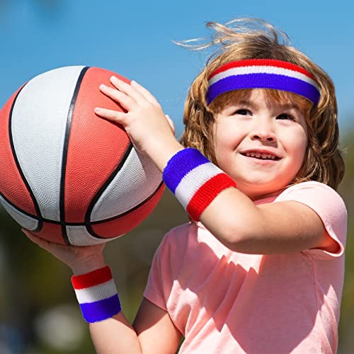 6 Pieces Sweatband Set Sports Headband Wristband Set Head Band Red-White-Blue - Photo 6/8