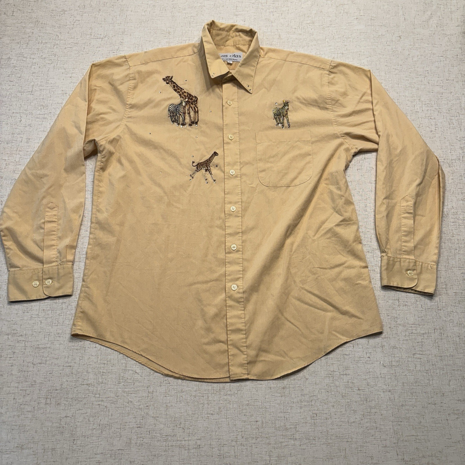 Vintage 90s Las Olas Women’s Giraffe Zebra Yellow Button Down Shirt Size Large L