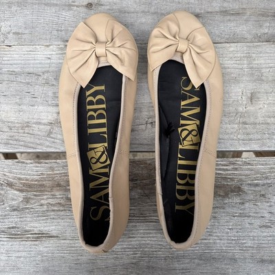 Sam & Libby Womens Beige Leather Bow Ballet Flats Nude Slip On Shoes Size 9.5