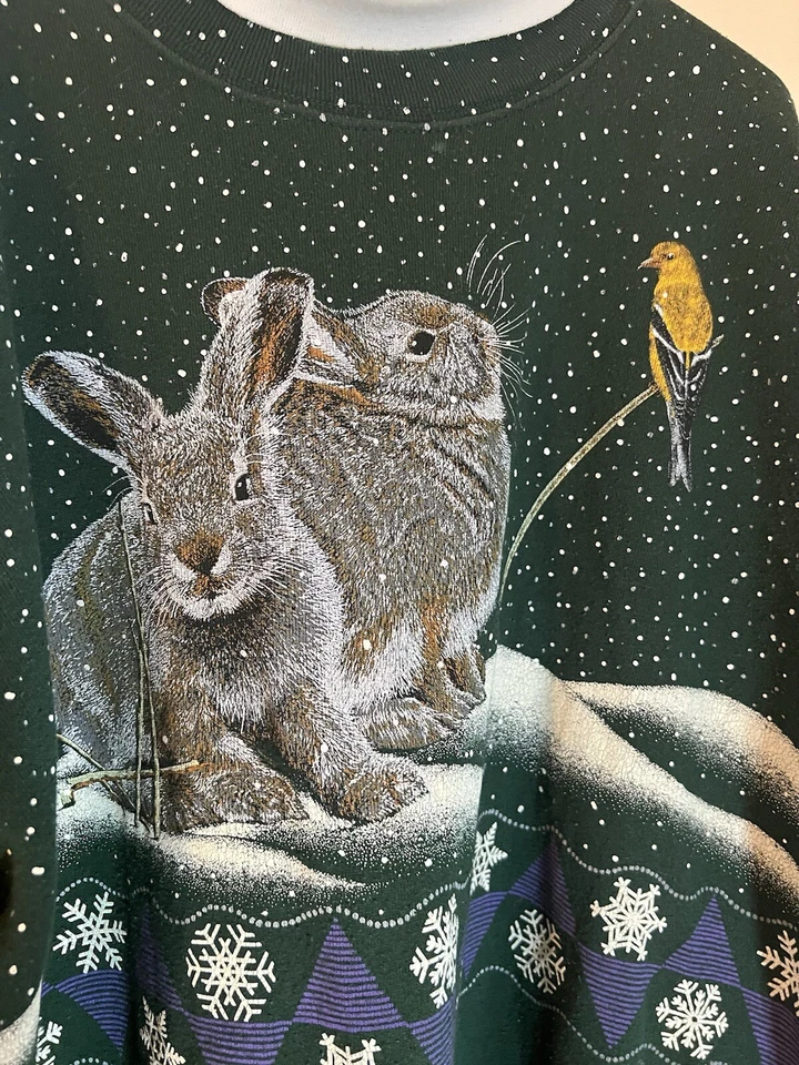 VTG Woman’s Sweatshirt Cotton Grove Designs Rabbits Bunny Bird Snow Winter XL - Image 2 of 4