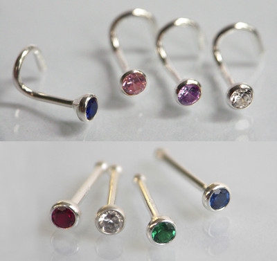 925 ECHT SILBER Nasenpiercing Nasenstecker blau-lila-grün-weiß-schwarz-rot-pink