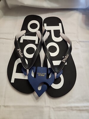 POLO RALPH LAUREN Black/White BOLT SIGNATURE LOGO THONG FLIP FLOPS MENS 12  