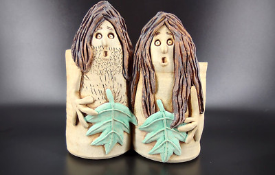 Art Pottery Kitsch Planter Hand Built &Thrown Adam & Eve Fig Leaf Artist Signed