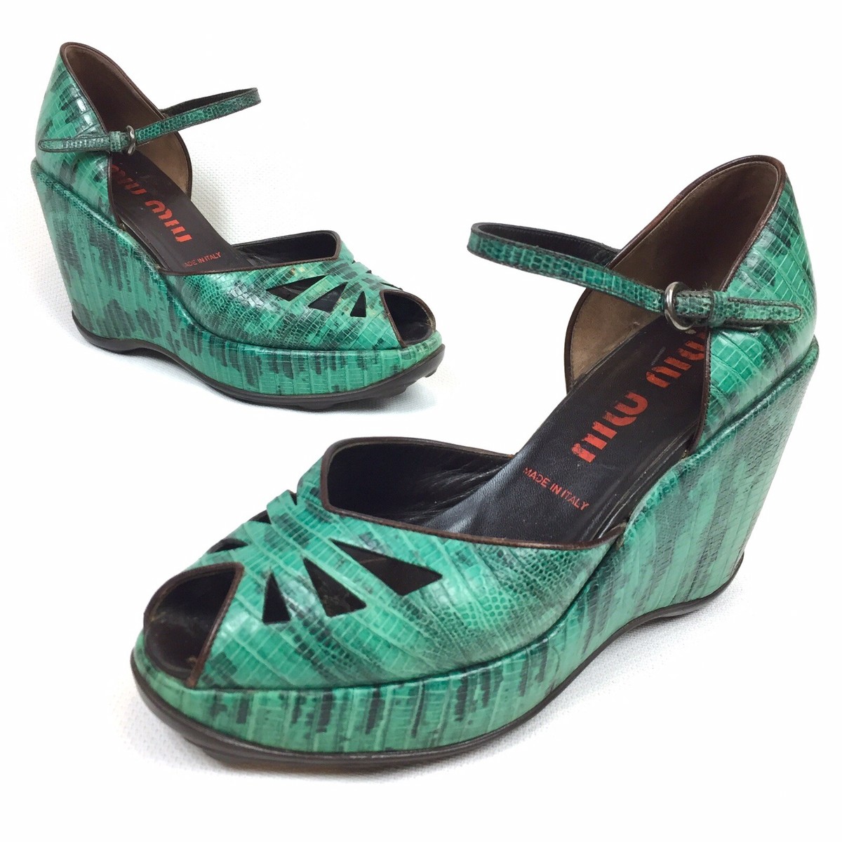 Miu Miu Green Jungle Snake Print Leather Chunky Platform Heels