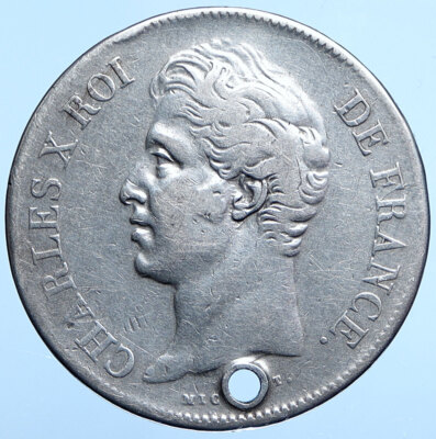 1827 T FRANCE King Charles X OLD Authentic Silver 5 Francs French