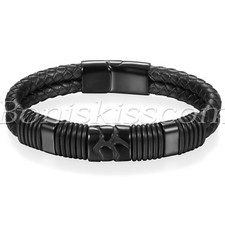 Men's Black Braided Leather Stainless Steel Magnetic Buckle Bracelet Bangle Cuff
