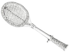 Vintage 0.85 Ct Diamond and 18k White Gold Badminton Racket Brooch Circa 1980