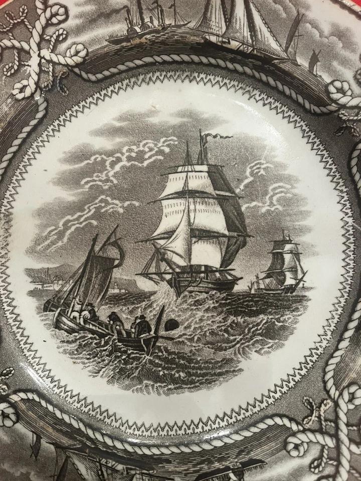 Plato de transferencia marrón antiguo raro American Marine Stiffel Bros Odessa Rusia Foto 2 de 4