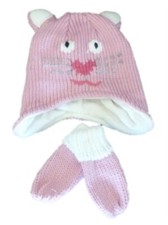 Infant  Toddler Girls Pink Kitty Cat Hat  Mittens Set Knit Beanie