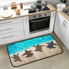 Beach Wooden Turtle Kitchen Mat Cushioned Anti-Fatigue Kitchen Rug, Ocean Sea No