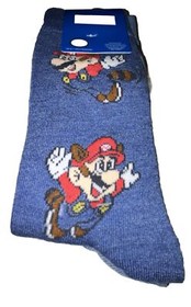 Super Mario Bros 3 Crew Socks 2 Pair Men 6.5-12 Blue Gray Red w Raccoon NES 8Bit