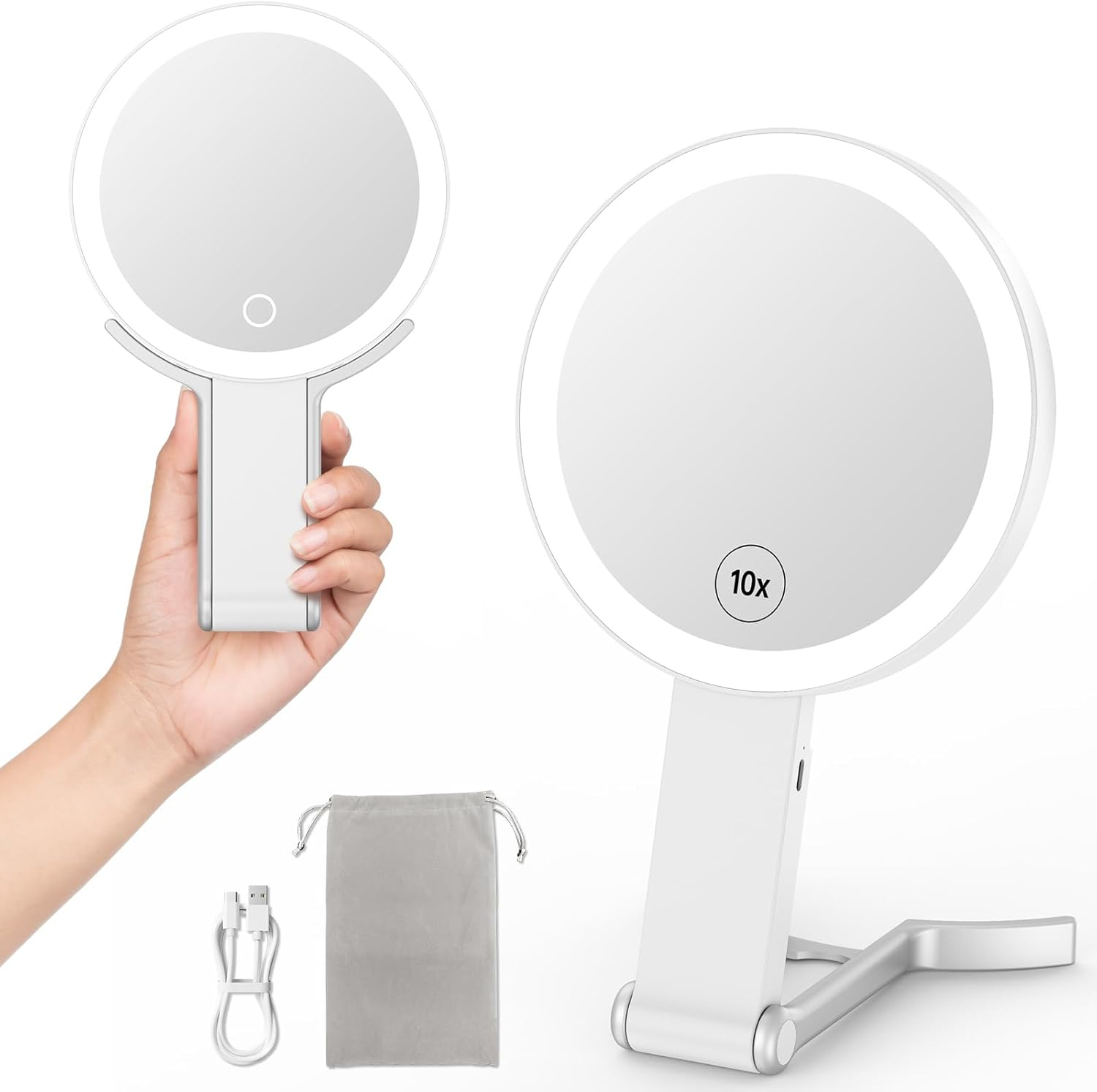 10X Magnifying Travel Mirror with LED Light Dual-Sided Compact Design  -image