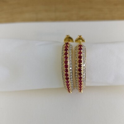 2``Ct Round Lab-Created Ruby Diamond Huggie Hoop Earrings 14K Yellow ...