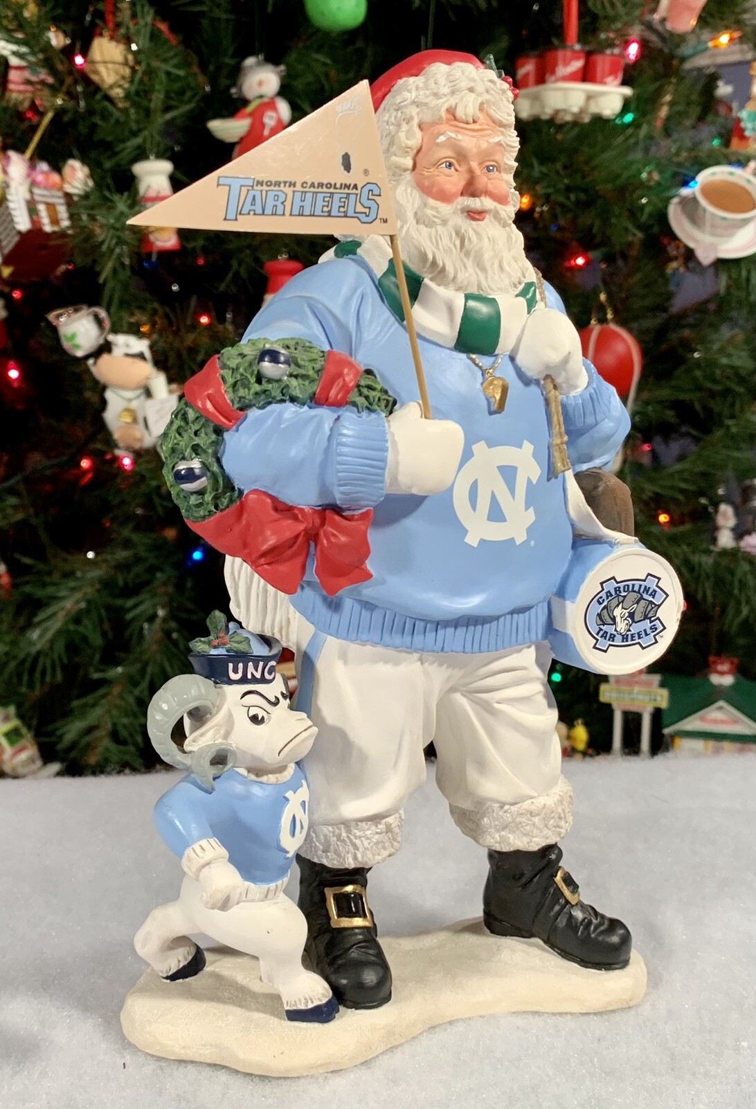 Danbury Mint UNC Carolina Tar Heels 9” SANTA & RAM MASCOT Christmas