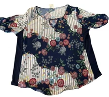 Naif Floral Blue Burgundy Women's Scoop Neck Top Size Large