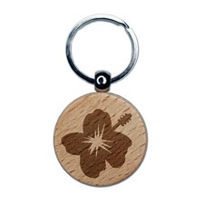 Hibiscus Hawaii Tropical Flower Engraved Wood Round Keychain Tag Charm