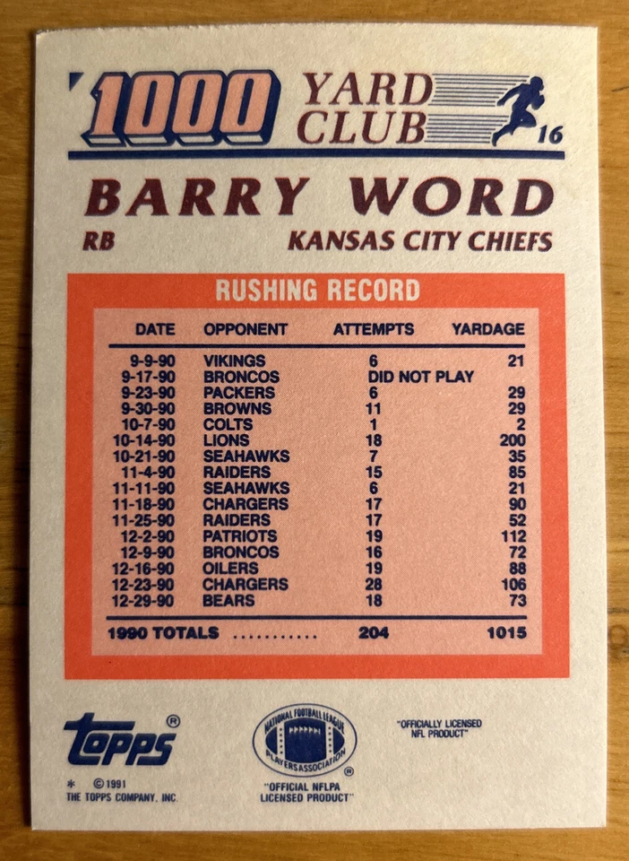 1991 Topps 1000 Yard Club Barry Word Football Card #16 Chiefs Low-Grade O/C - Image 2 of 2