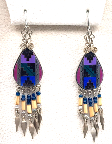 Southwest AZTEC Painted 3" Dangle Earrings Beaded Native American BOHO