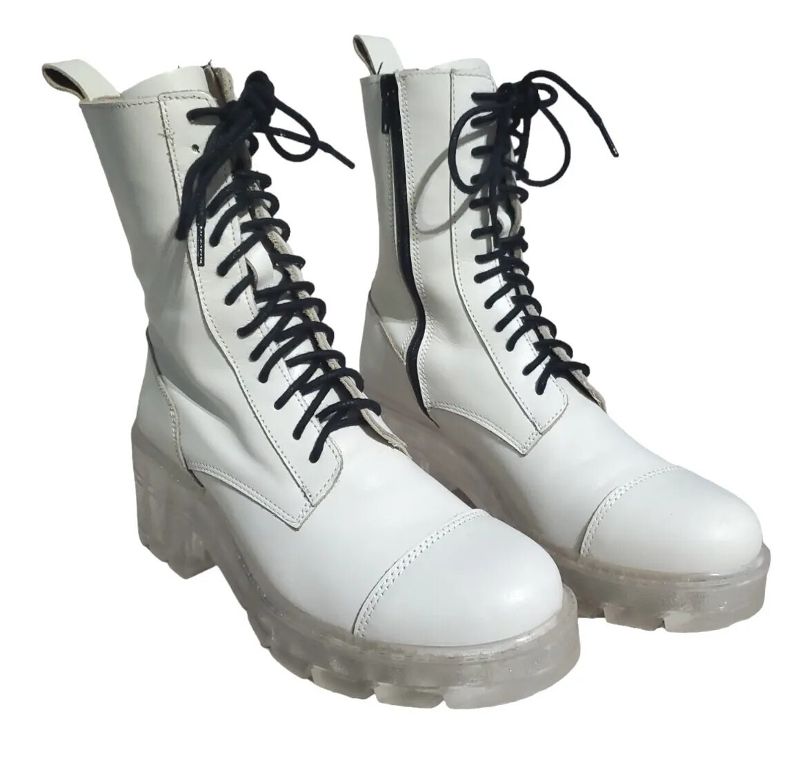 SAOLA Stivali Zara pelle bianca EU 37 US 6 5 suola trasparente lacci grossi zip combattimento
