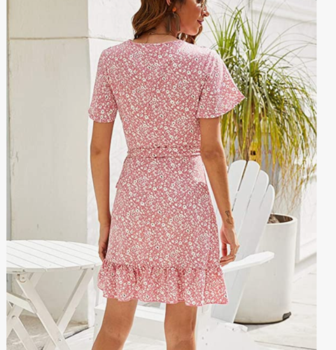 Naggoo Women's Summer Wrap V Medium Print Ruffle Short Sleeve Mini Flora - Picture 2 of 3