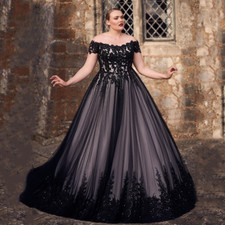 Black Gothic Wedding Dresses Off Shoulder V Neck Applique Bridal Gowns Plus Size