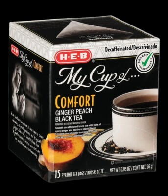 Premium Comfort Ginger Peach DECAF Black Tea Bags 15ct Box Pyramid Bags