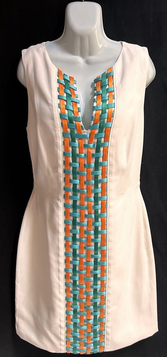 Carlos Miele Dress White Basket Weave Fabric Design Teal Orange Silk Size  40 | eBay