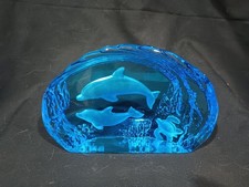 Vintage Blue Glass 7x4  Inch Sea Life Ppwt  With Etched Dolphins And Turtle.